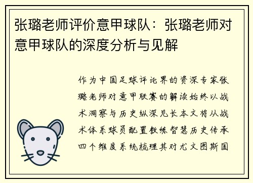 张璐老师评价意甲球队：张璐老师对意甲球队的深度分析与见解