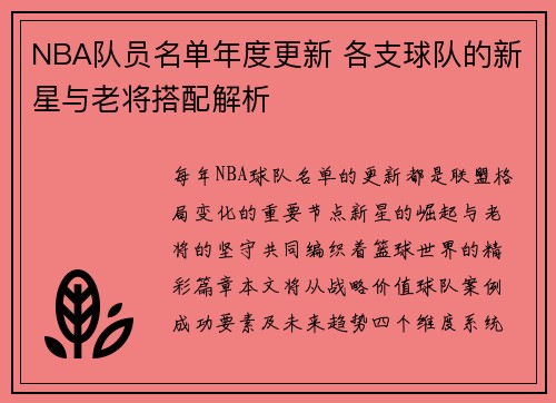 NBA队员名单年度更新 各支球队的新星与老将搭配解析