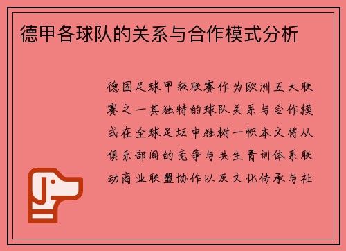 德甲各球队的关系与合作模式分析