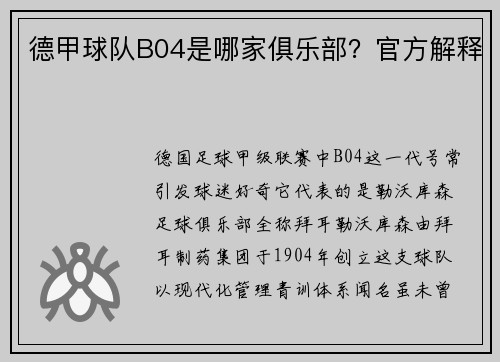 德甲球队B04是哪家俱乐部？官方解释